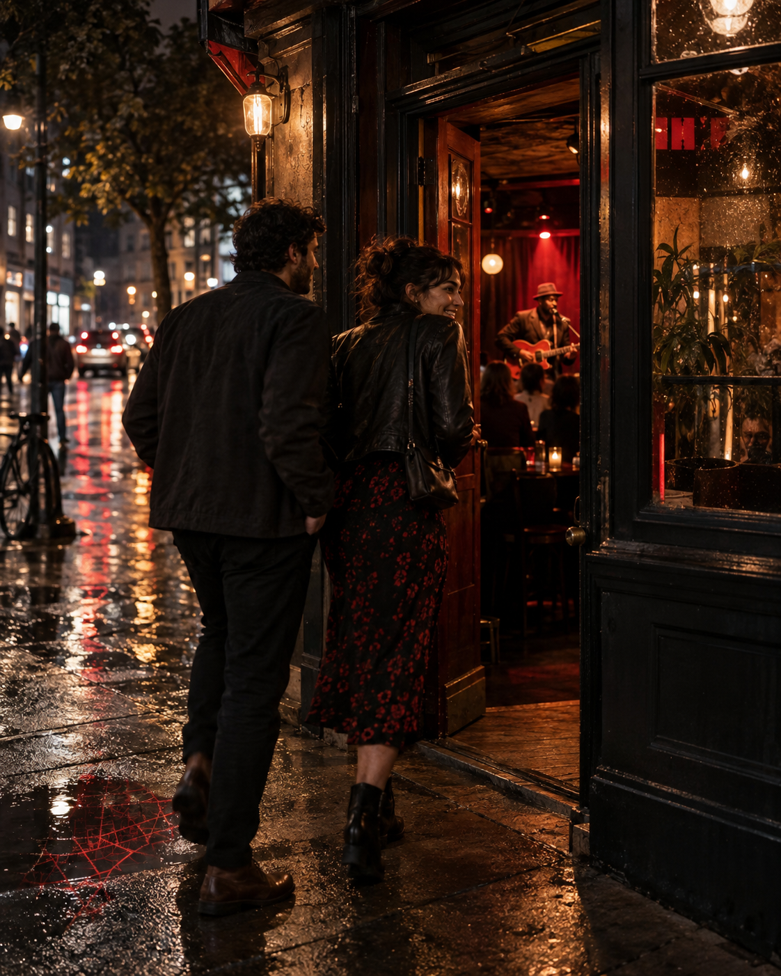 Two visitors discovering an intimate live-music venue on a rainy evening